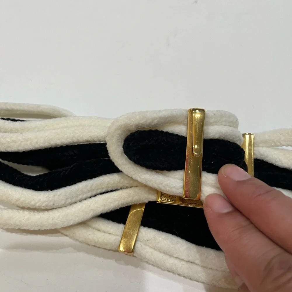 Vintage Italian Black‎ and Cream Fabric Belt with Gold Buckle Sz. S